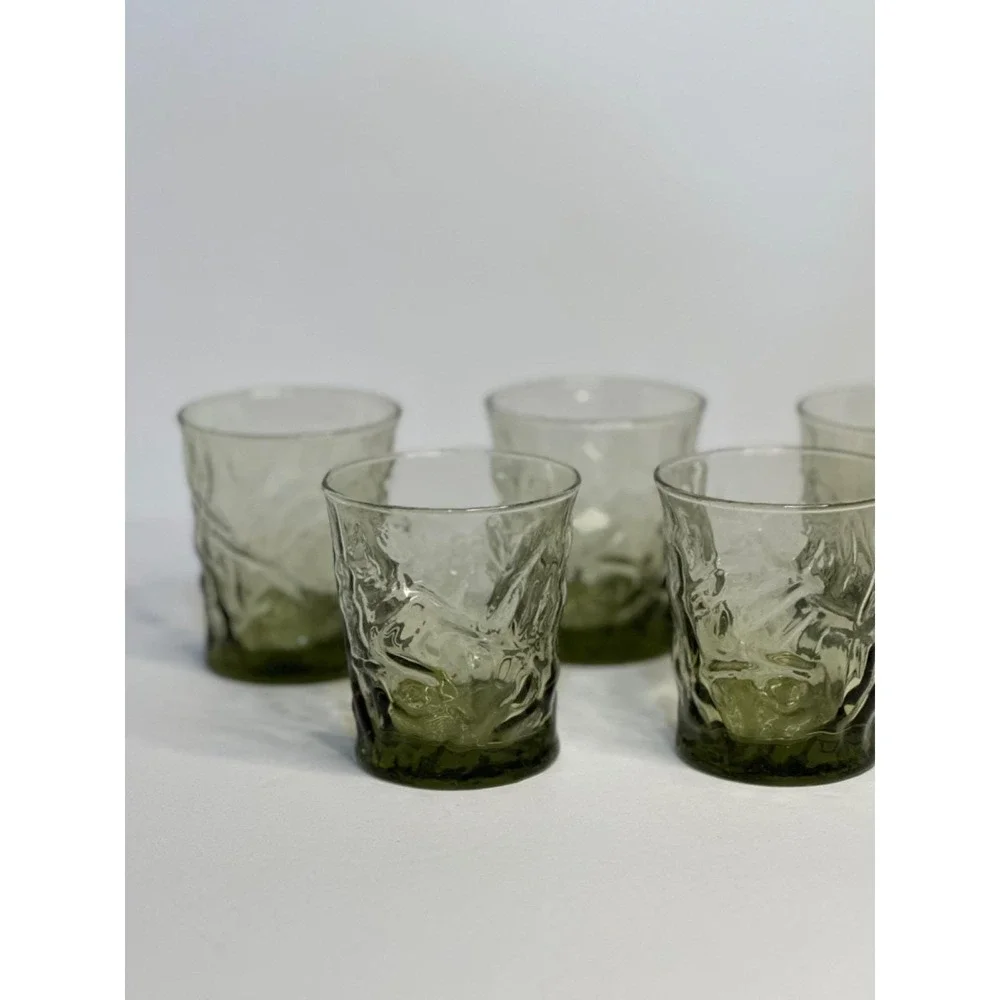VTG Libbey Aztec Olive Green Drinking Glasses Set 5 MCM Textured Rocks Drinkware